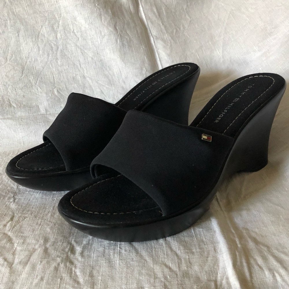 Tommy Hilfiger black wedge slide sandals